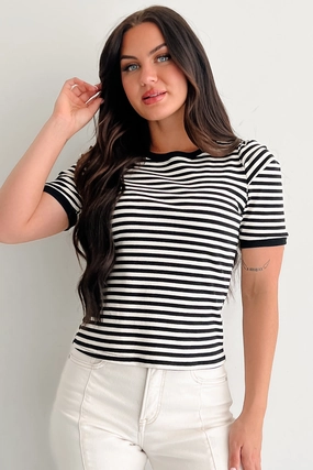 YarnBlend Casual & Cool Striped Puff Shoulder Top (Black/Ivory)