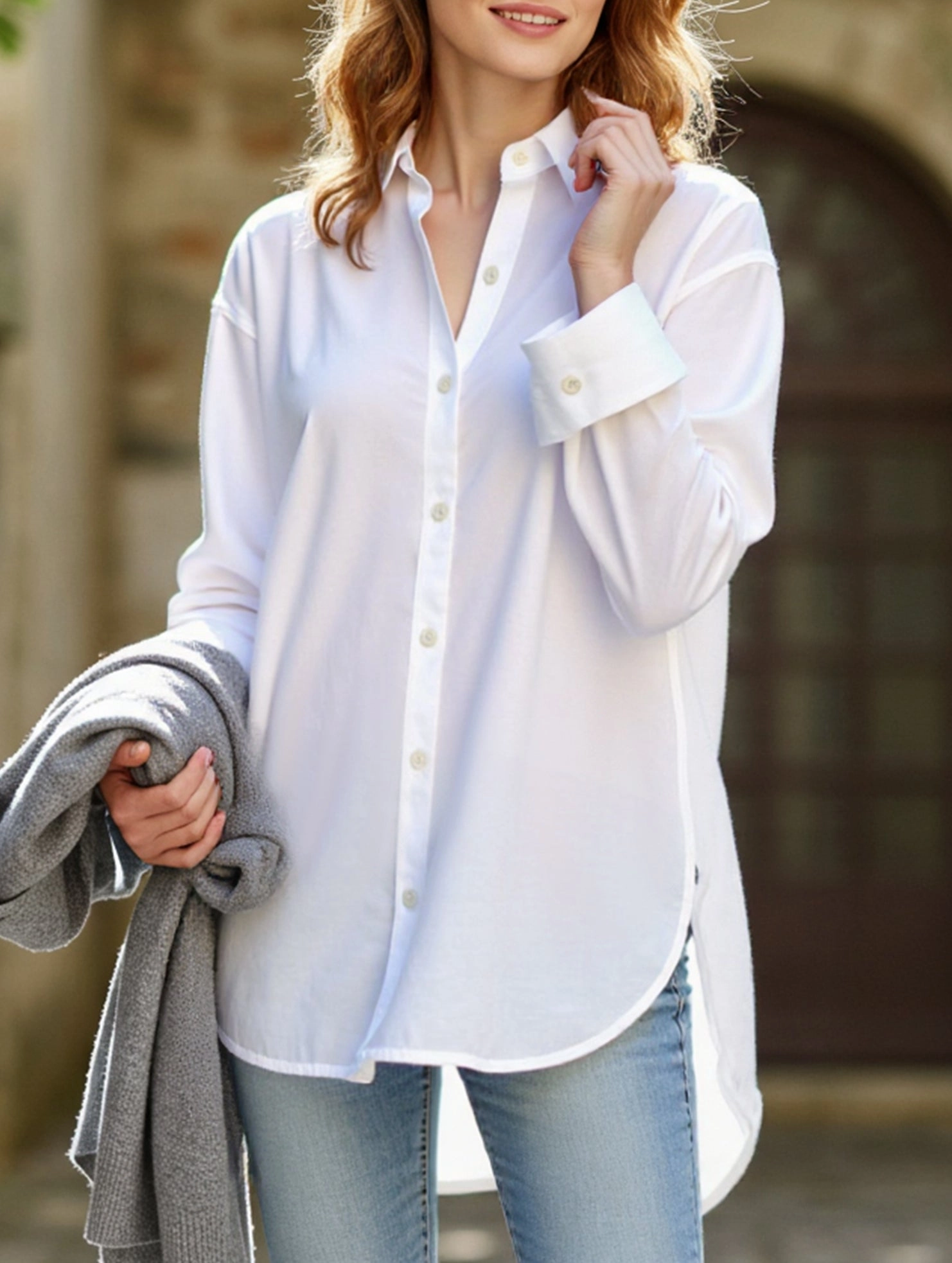 Casual button-down long-sleeved irregular shirt Buttonless Closure