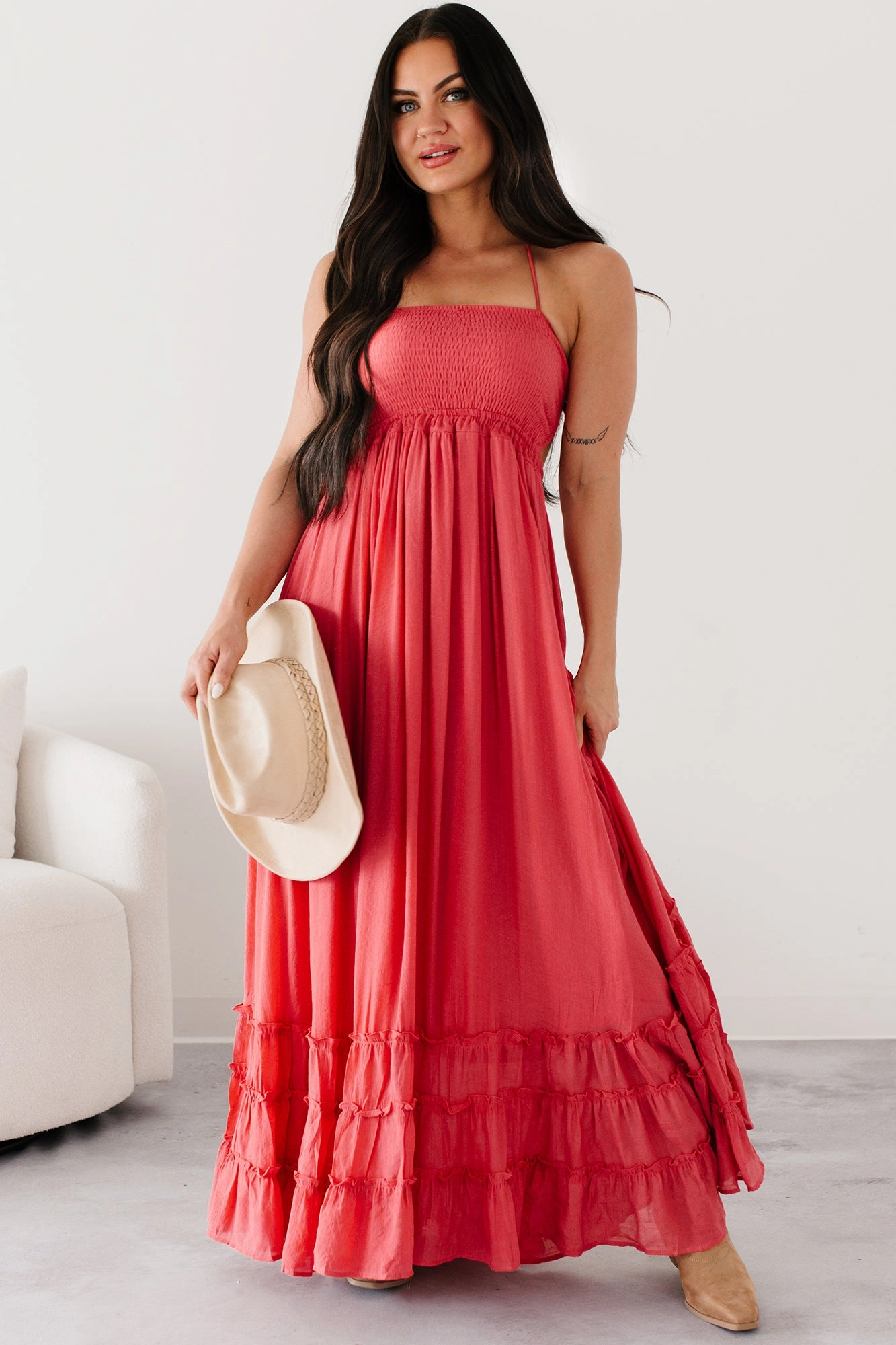 Assertive Aura Halter Smocked Maxi Dress (Coral Red) Anti-Static-Finish