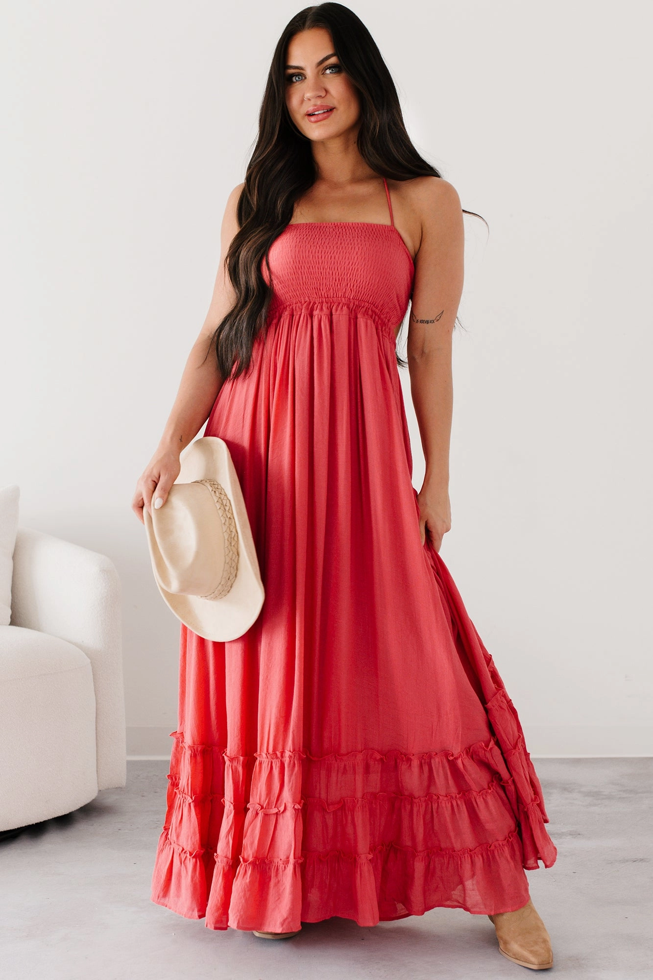 slim fit Assertive Aura Halter Smocked Maxi Dress (Coral Red)