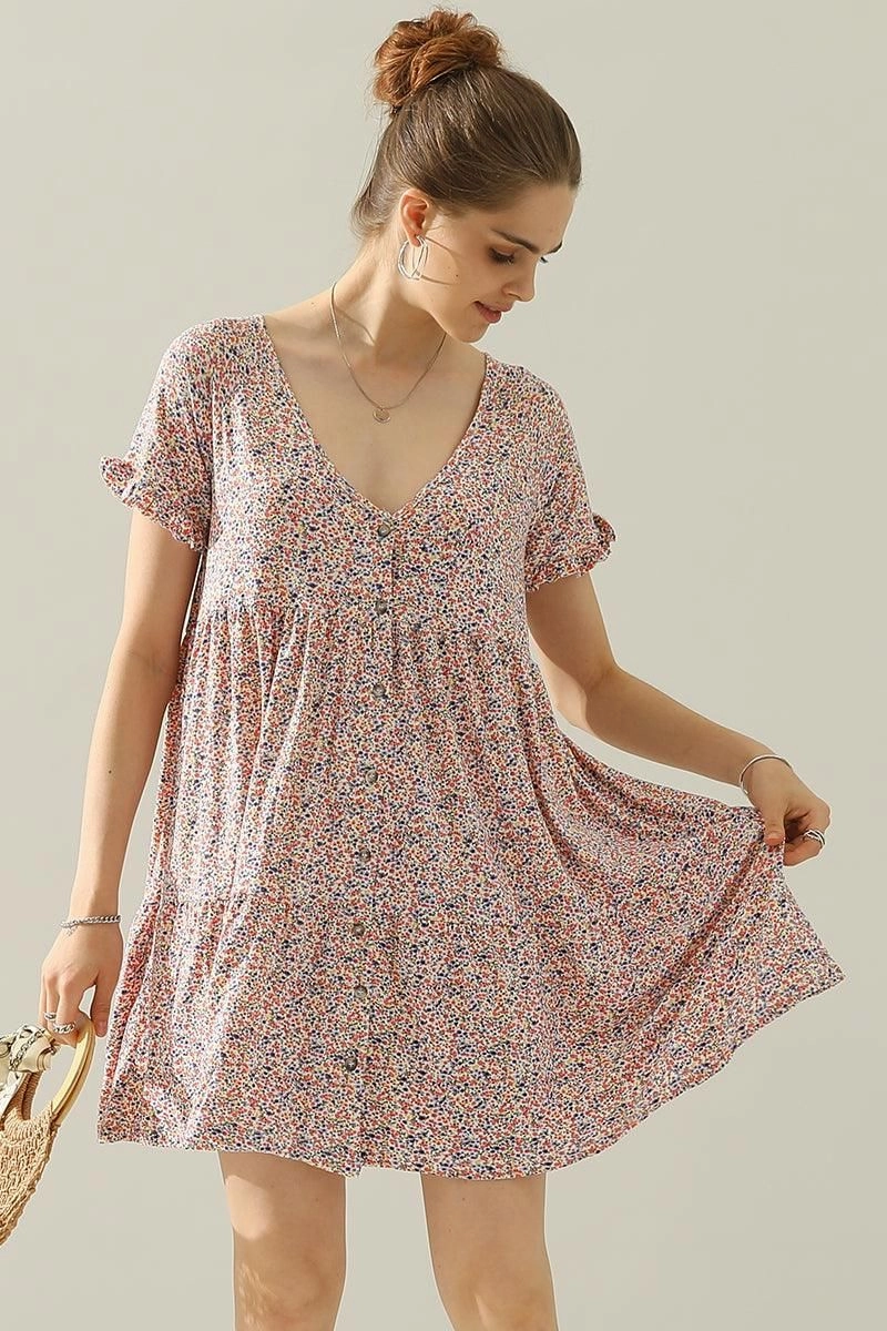 Bohemian-Style V NECK BUTTON DOWN WITH RUFFLE SLEEVE DRESS