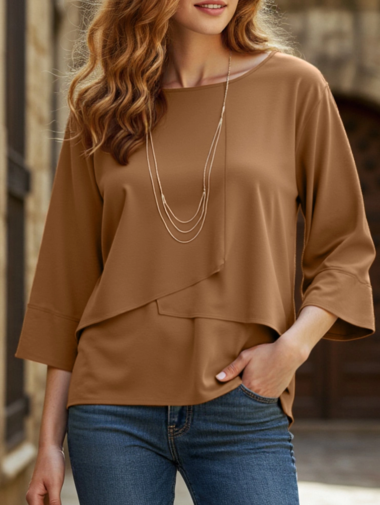 WrinkleFree Weave Casual crew neck double-layer top shirt