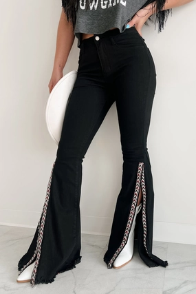 Friction Resistant Fabric Quenlin Side Split Saints & Hearts Flare Jeans (Black)