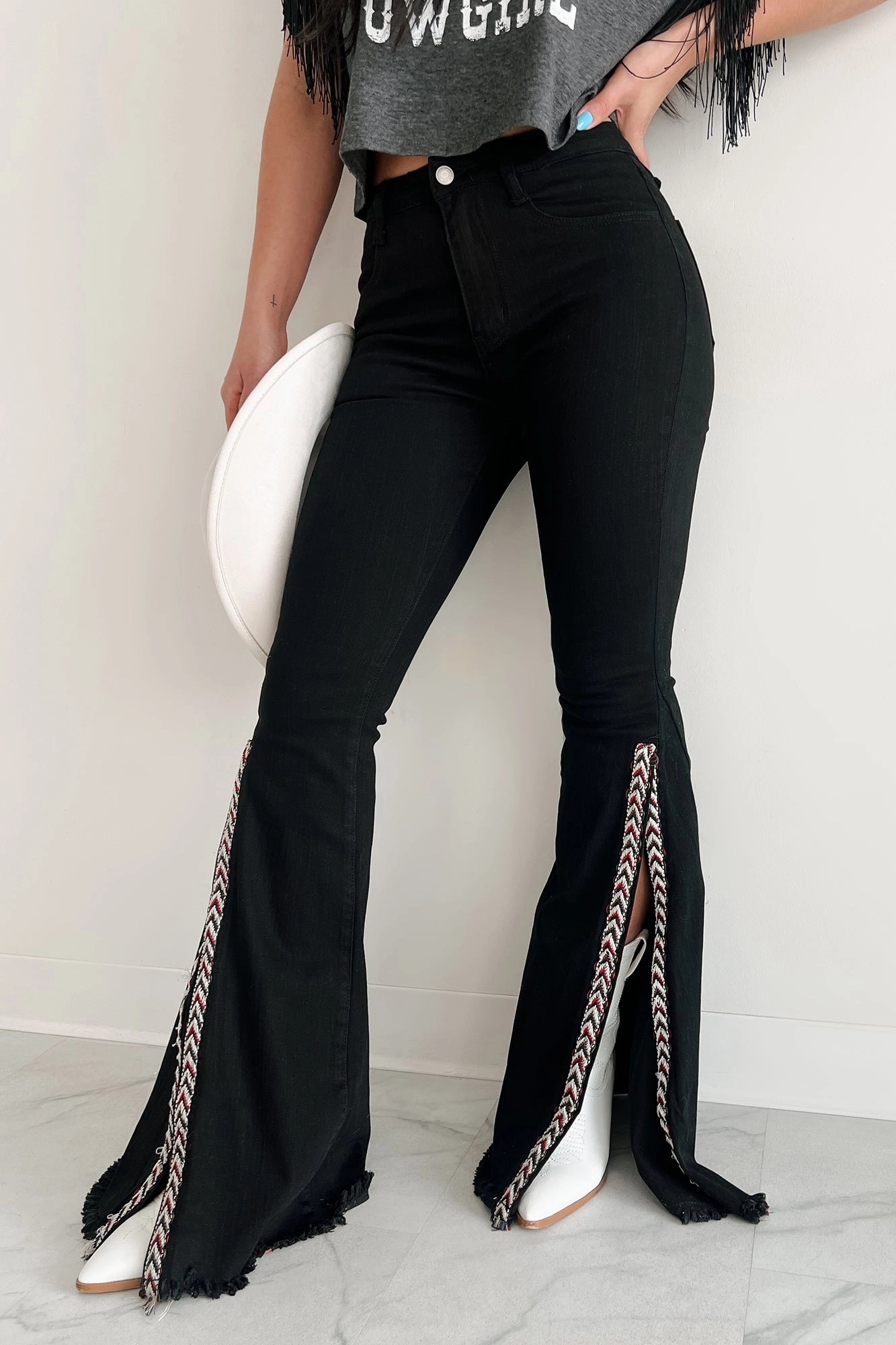 Friction Resistant Fabric Quenlin Side Split Saints & Hearts Flare Jeans (Black)