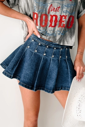 Boastful Generation Gatlin Pleated Mini Skirt (Denim) Cruise Attire