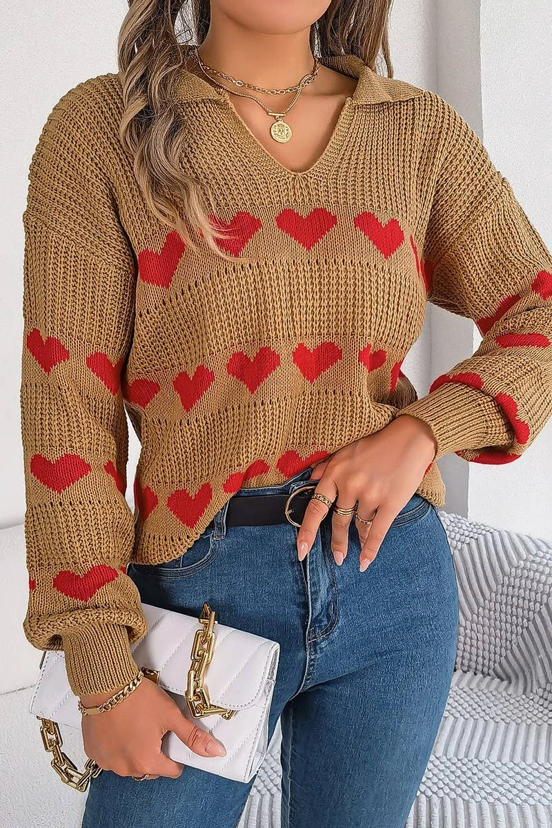 CASUAL LANTERN SLEEVE COLOR CONTRAST LOVE SWEATER_CWOSWL2059 WrinkleResistantFinish