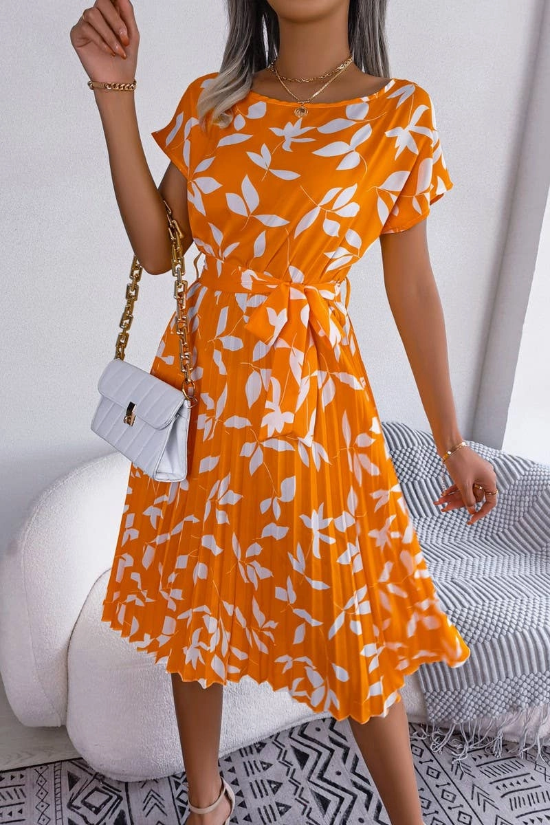 Vibrant evening gown CASUAL LEAF SHORT SLEEVE BIG SWING PLEATED DRESS_CWDSD2526
