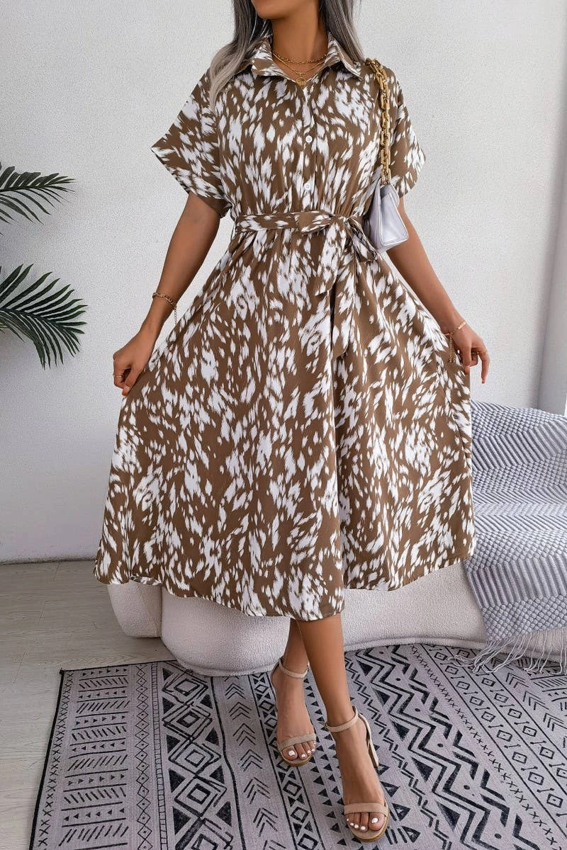 Sleek Draping Relaxed Design CASUAL LOOSE LEOPARD PRINT LACE UP SHIRT DRESS_CWDSD2530