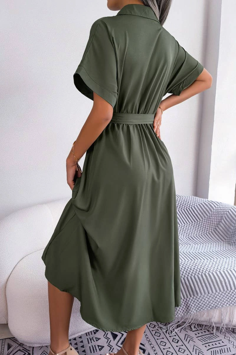 CASUAL LOOSE SOLID COLOR LACE UP SHIRT LONG DRESS_CWDSD2508 Open Design