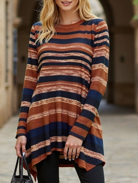 Casual striped print asymmetric T-shirt YarnDye Technique Non Irritating Label