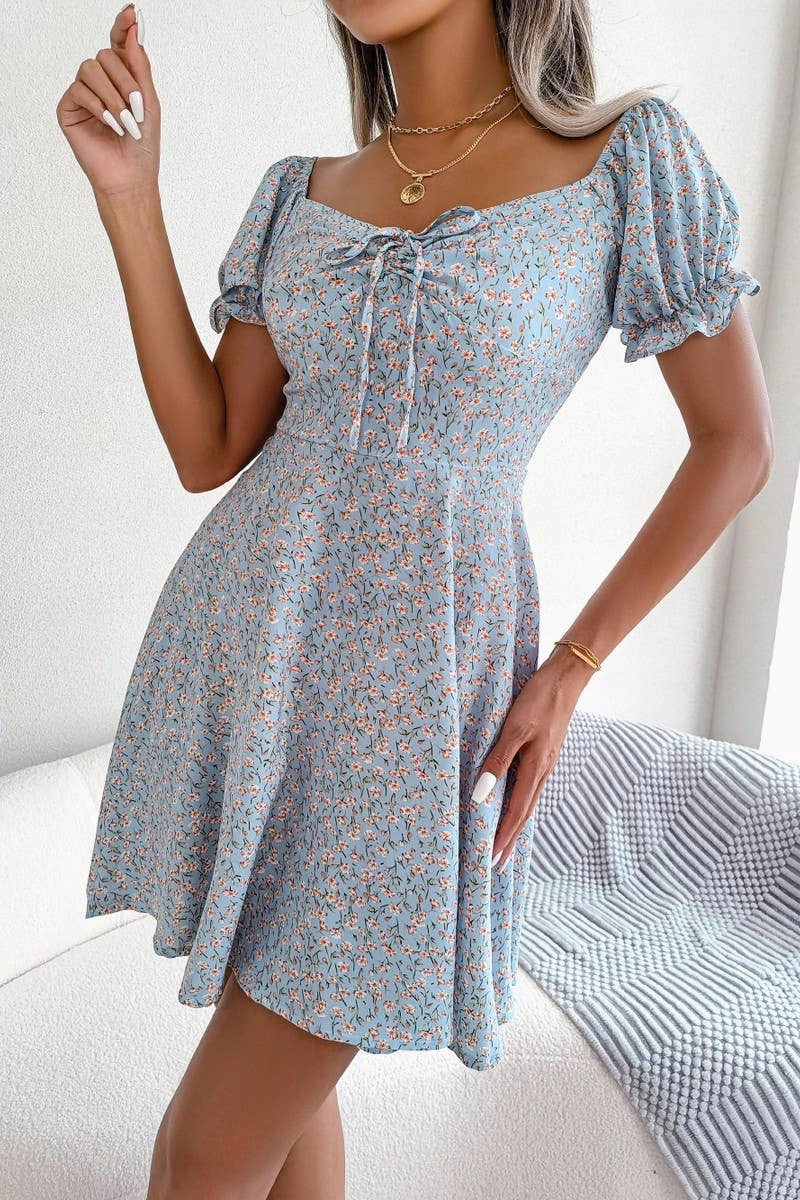 Refined Simplicity Trend Movement CASUAL TRUMPET SLEEVE DRAWSTRING FLORAL DRESS_CWDSD2555