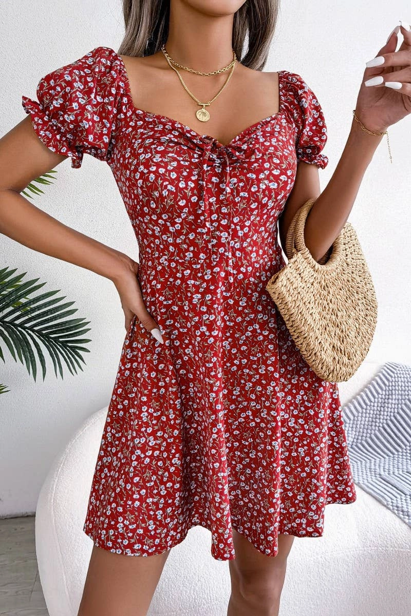 CASUAL TRUMPET SLEEVE DRAWSTRING FLORAL DRESS_CWDSD2555 Light Shape
