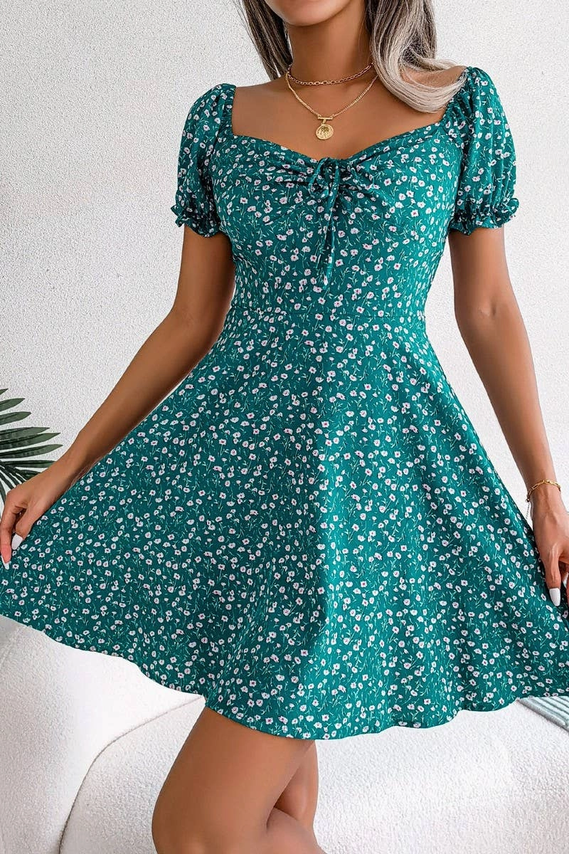 Sophisticated cocktail dress Chilly Weather Layer CASUAL TRUMPET SLEEVE DRAWSTRING FLORAL DRESS_CWDSD2555