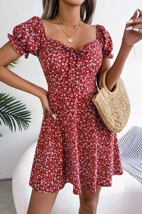 CASUAL TRUMPET SLEEVE DRAWSTRING FLORAL DRESS_CWDSD2555 Light Shape