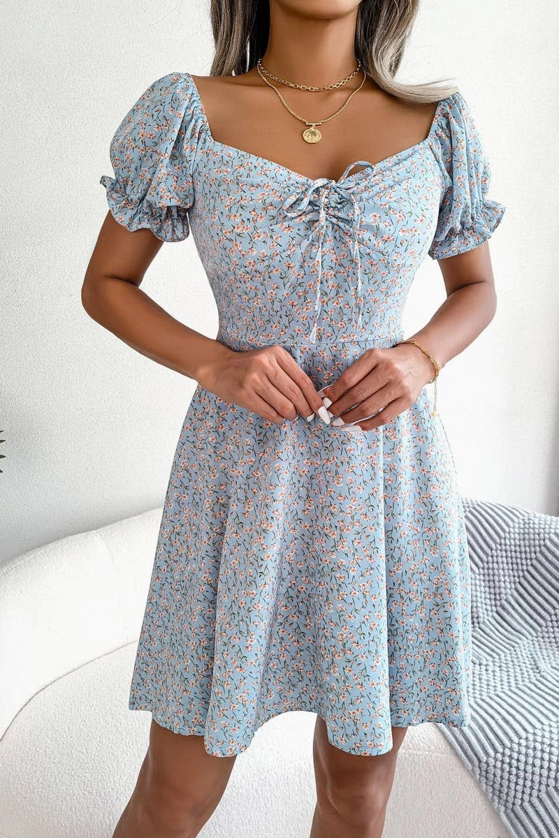 CASUAL TRUMPET SLEEVE DRAWSTRING FLORAL DRESS_CWDSD2555 Fashionable And Functional Stretch Fabric