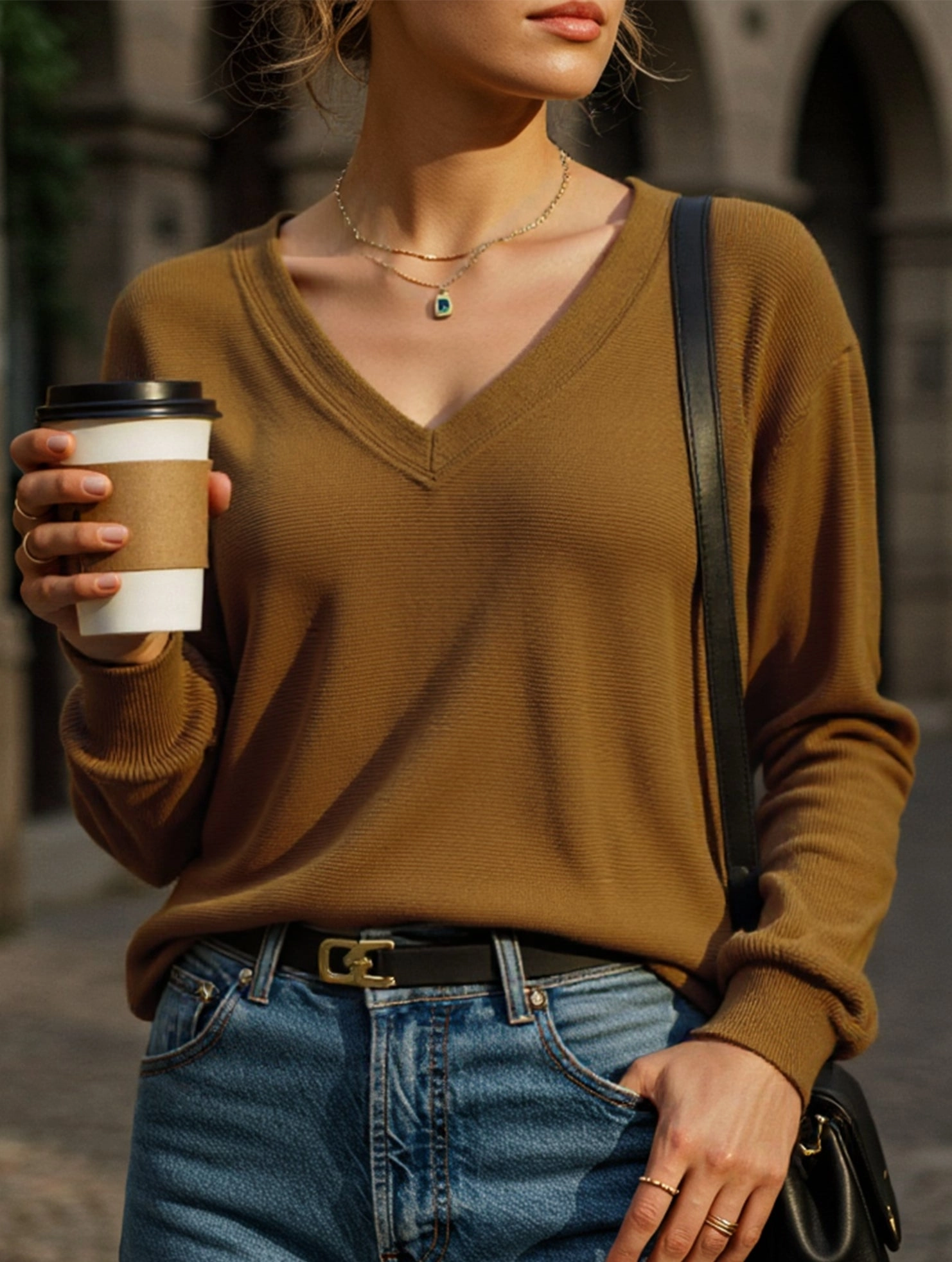 Casual Waffle V-Neck Solid Color Long-Sleeve T-Shirt Double Stitched Hems SeamFree Knitting