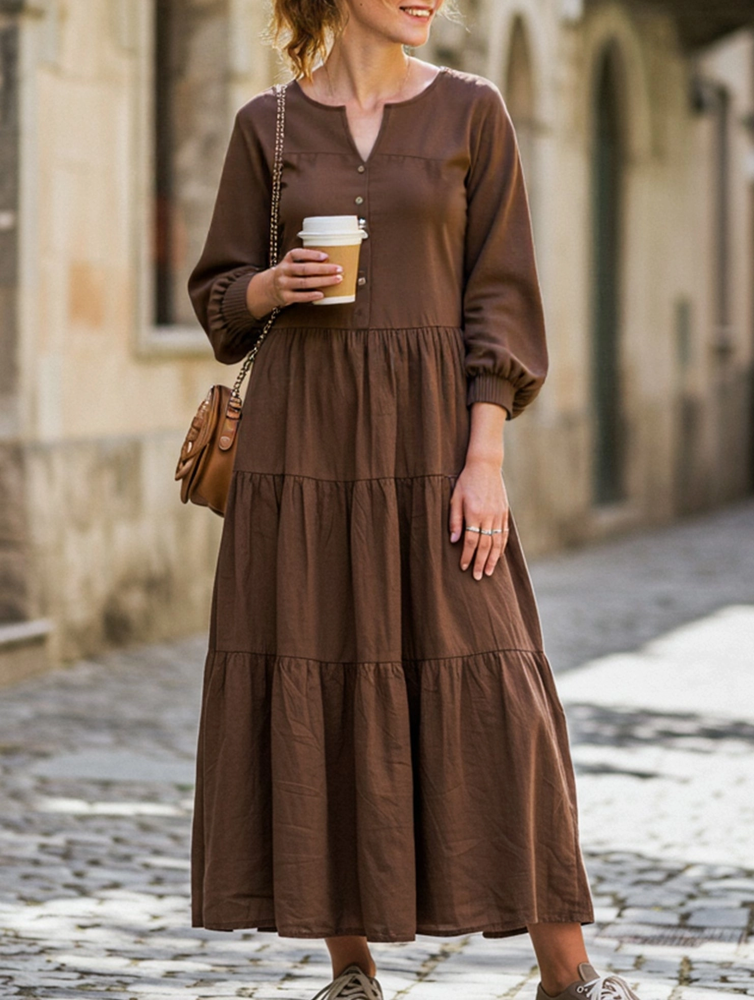 Velvet-Edge V-neck ruffled loose dress