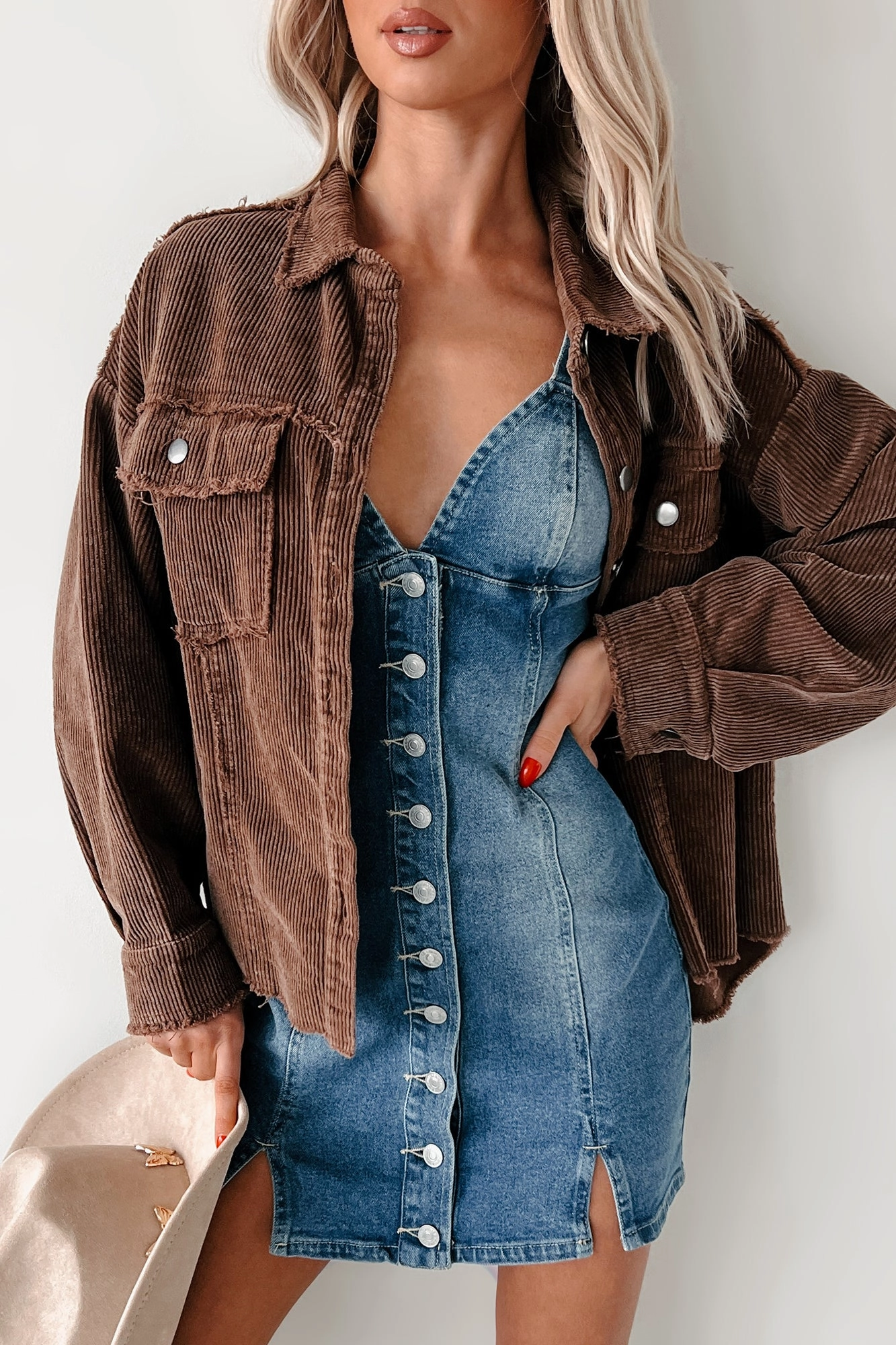 Interlock Stitching Casually Coasting Corduroy Shacket (Brown)