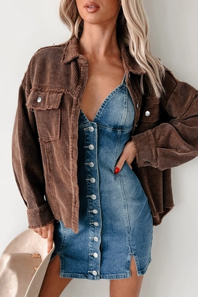 Interlock Stitching Casually Coasting Corduroy Shacket (Brown)