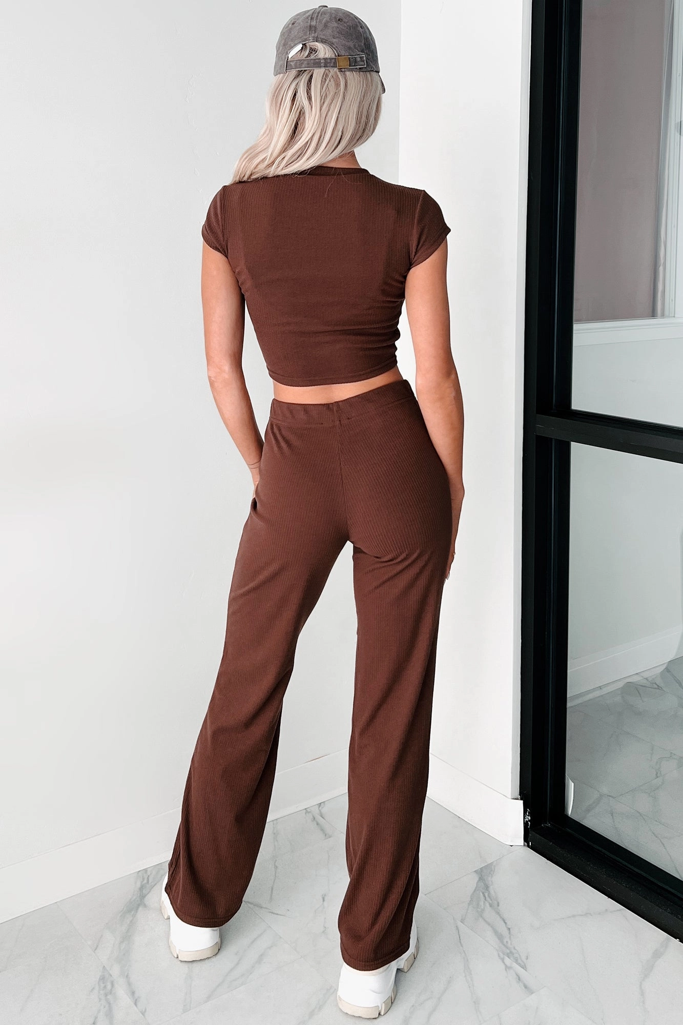 Casually Poised Knit Top & Pants Set (Espresso) Garment Dyed Finish