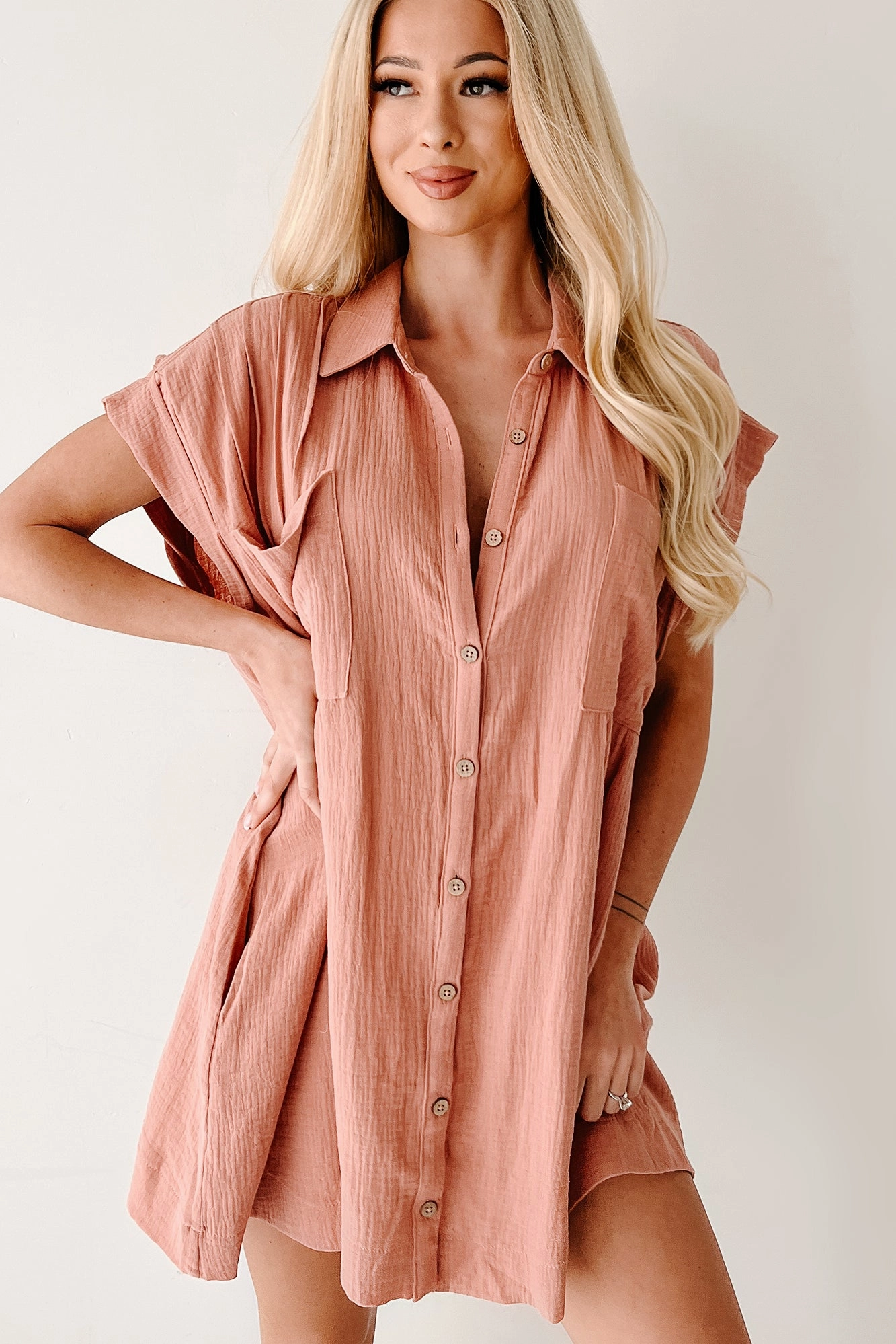 Nature Inspired Light Cloud Catch My Heart Gauze Shirt Dress (Clay)