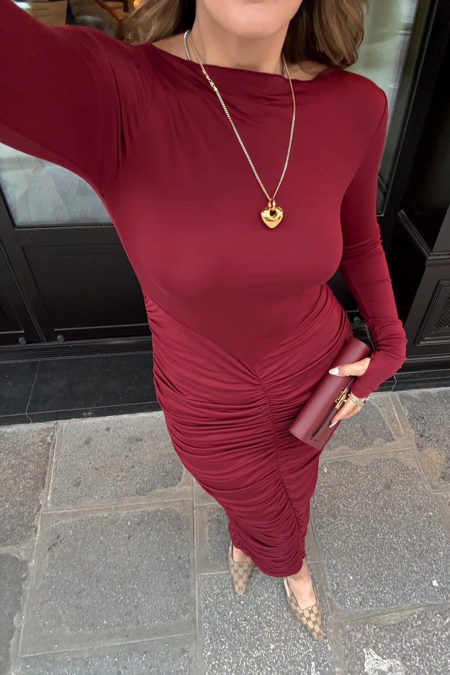 Modern Texture Dreamy Silhouette Caterina Midi Dress Burgundy