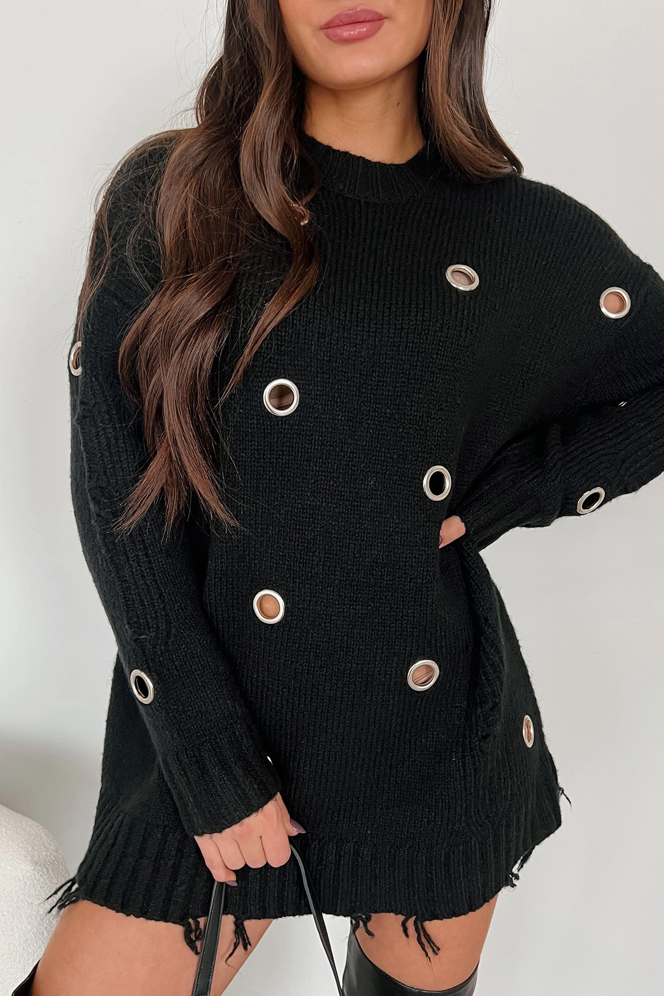 Silk-Blend Romantic Bloom Causing Chaos Metal Eyelet Distressed Tunic Sweater (Black)