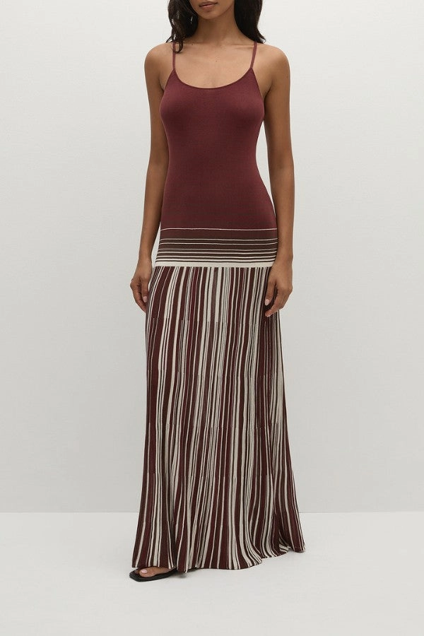 Cecile Maxi Dress Accordion Stripe Bordeaux Cozy Layers confident look