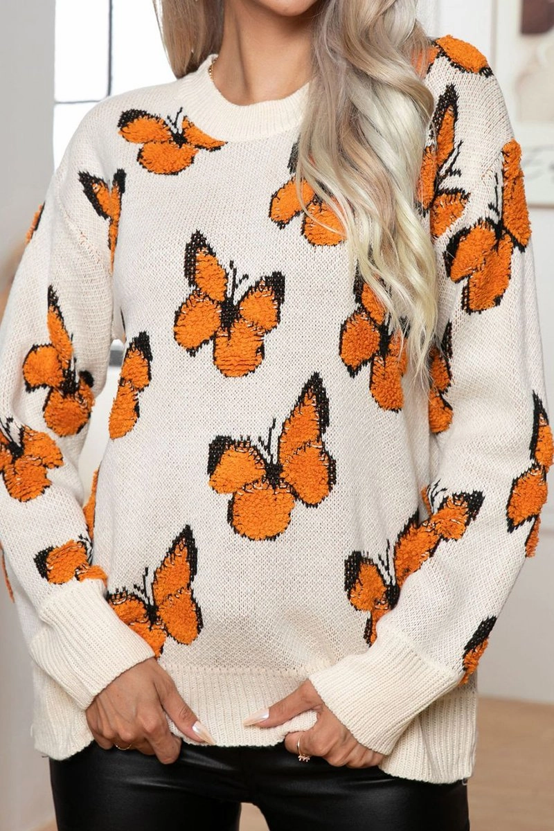 Lightweight Weave Material ElasticEdgeBinding WOMEN BUTTERFLY JACQUARD LOOSE KNIT SWEATER