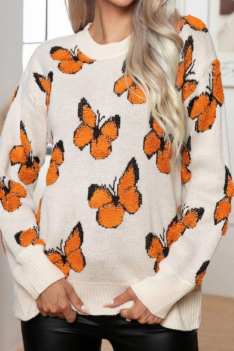 Non Iron Fabric Yarn Dyed Fabric WOMEN BUTTERFLY JACQUARD LOOSE KNIT SWEATER