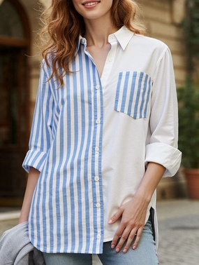 ButtonFront Bonded Hemline Lapel patchwork top casual shirt