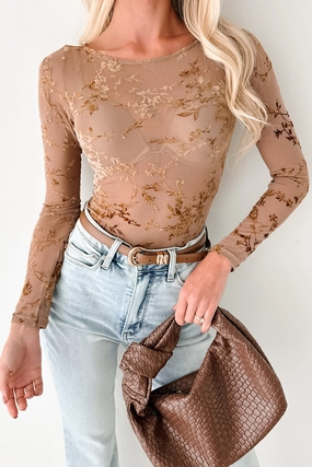 WrinkleResistant Fabric Elegant Blouse Champagne Flirt Boat Neck Mesh Bodysuit (Brown)