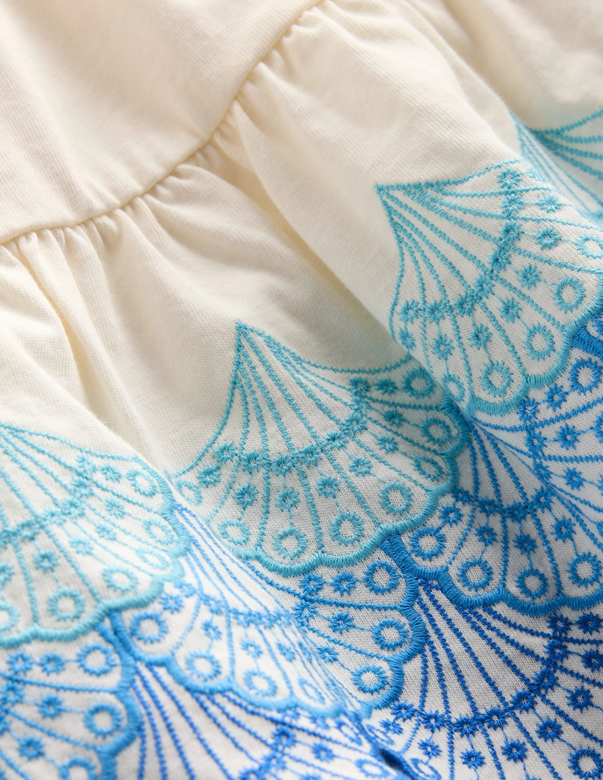 Elegant Silhouette Layered Fabric Enza Broderie Hem Jersey Dress-Soft Ivory Shells