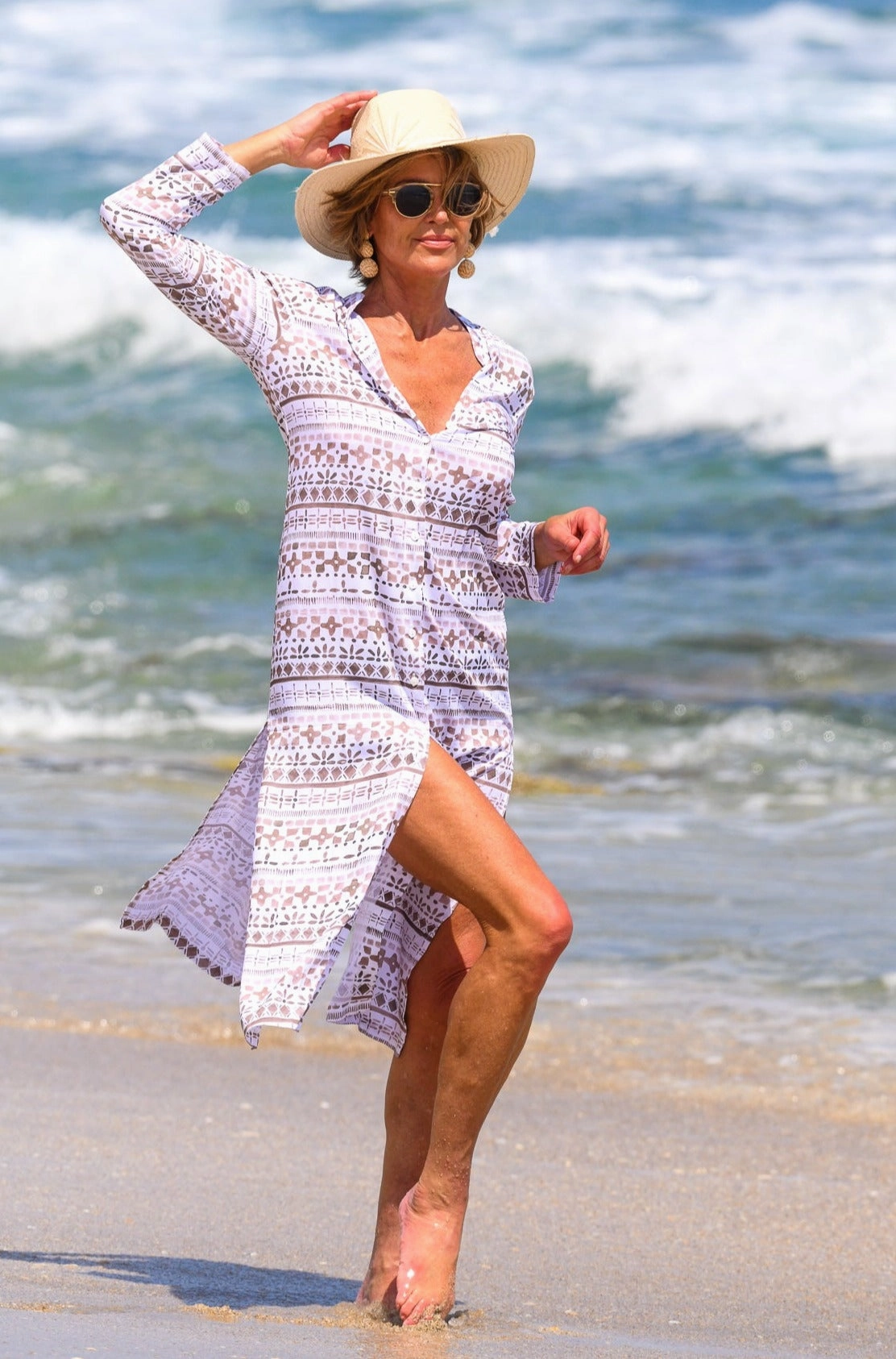 Romantic-Style Retro Vibes Mandarin Duster / Taupe Geo