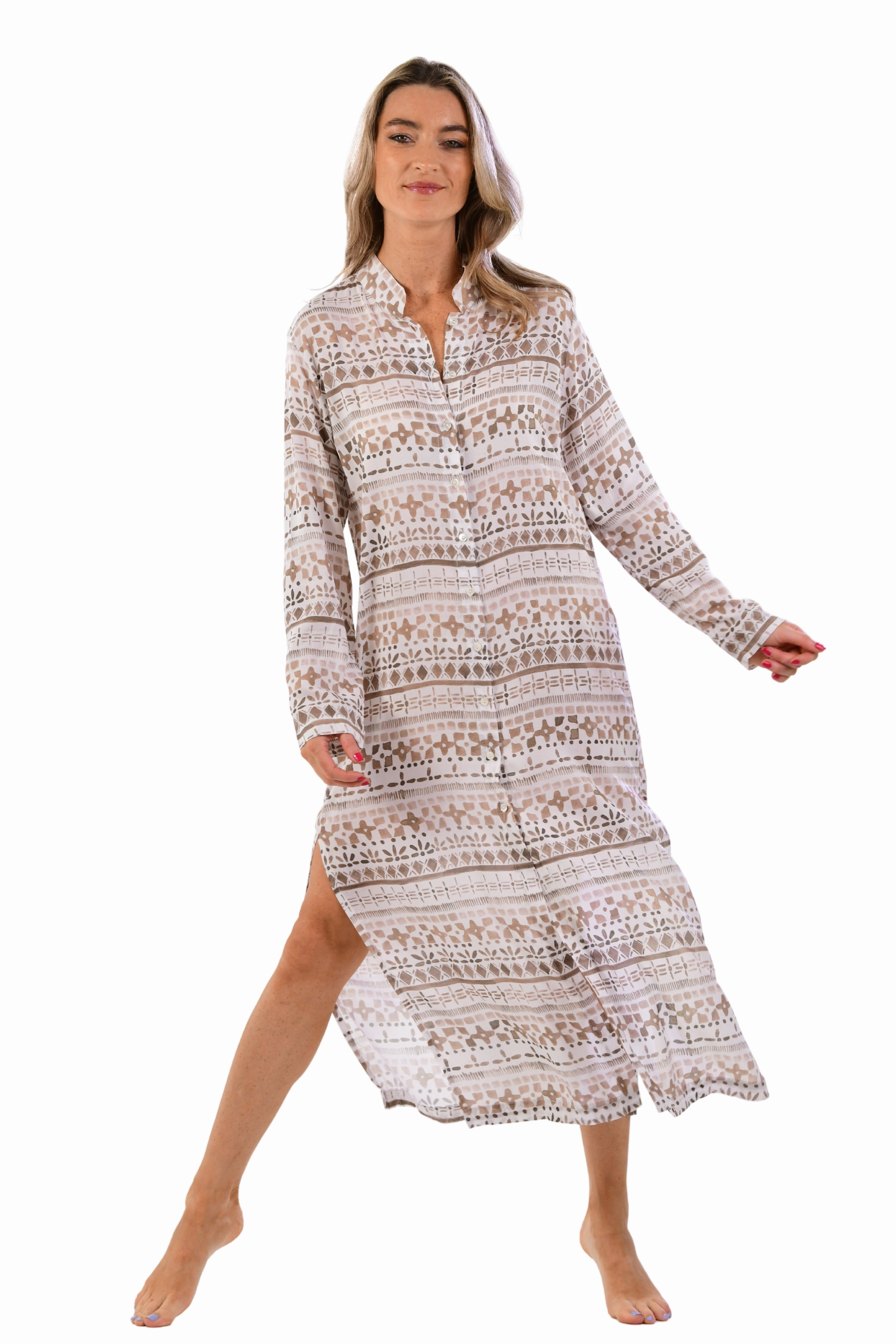 Luxurious Texture Mandarin Duster / Taupe Geo