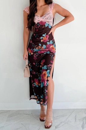 Autumn Mood Flowy-Shape Saccharine Sweet Lace Detail Floral Mesh Maxi Dress (Mauve/Brown)