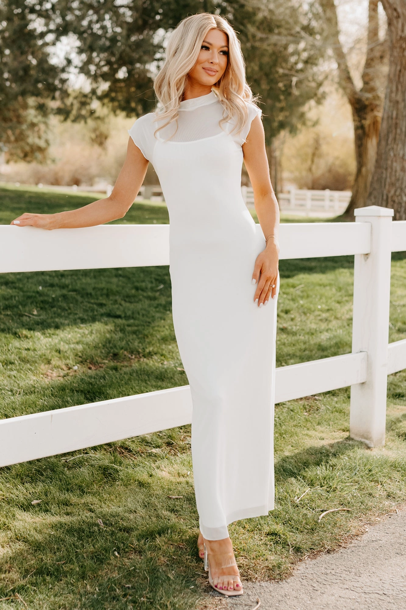 Wish You Were Here Mesh Mock Neck Maxi Dress (Ivory) Tailored Style Relaxed Vibe