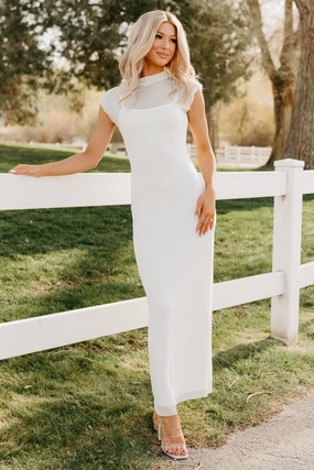 Layered Volume Lounge Mode Wish You Were Here Mesh Mock Neck Maxi Dress (Ivory)