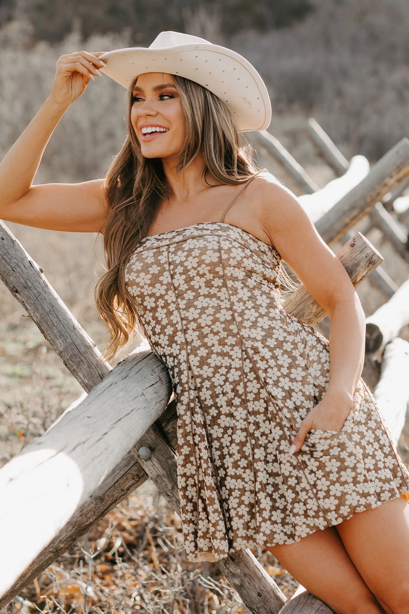 Artistic Vibe Subtle Lines Charming Glow Sleeveless Floral Mini Dress (Taupe)