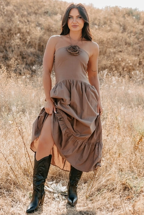 Charming The Night Halter Maxi Dress (Chocolate) Flowy casual dress Casual Elegance