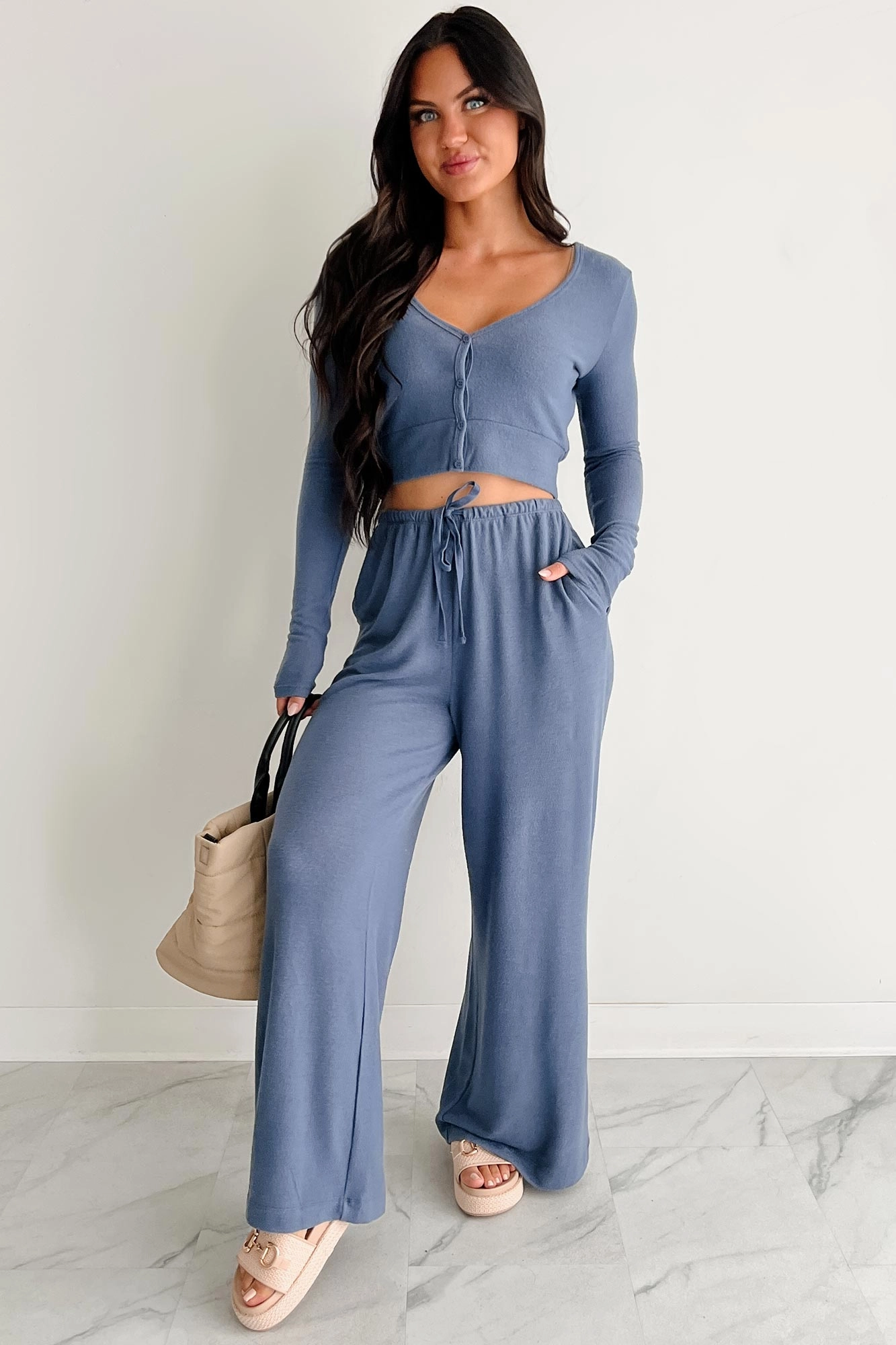 Side zipper Chasing Calm Relaxed Wide Leg Pants (Dusty Navy)