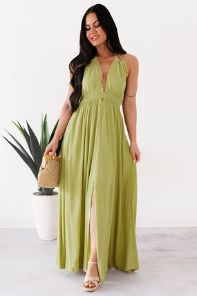packable Chasing Glances Halter Maxi Dress (Matcha)