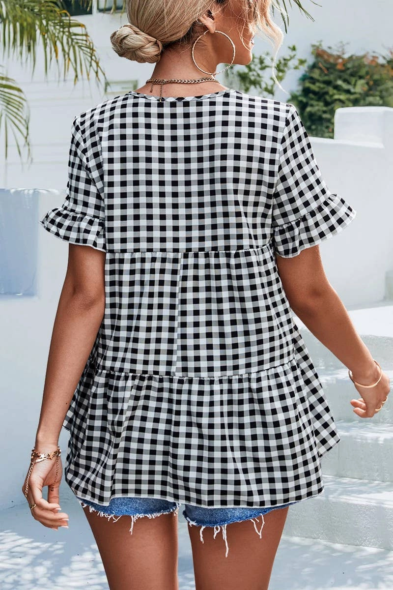 HeatPressedLogos CHECKERED V NECK SHORT SLEEVED SHIRT_CWTSTS0201