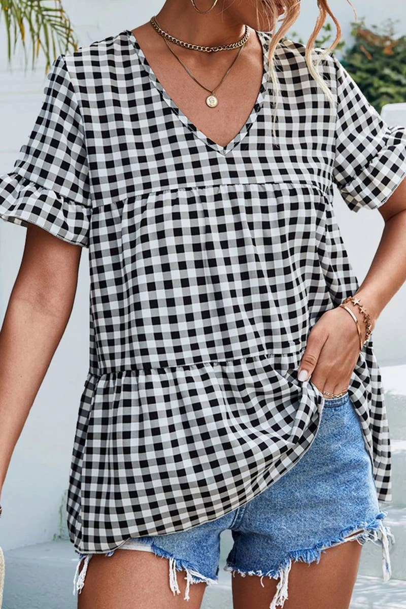 CHECKERED V NECK SHORT SLEEVED SHIRT_CWTSTS0201 Odor Resistant Treatment