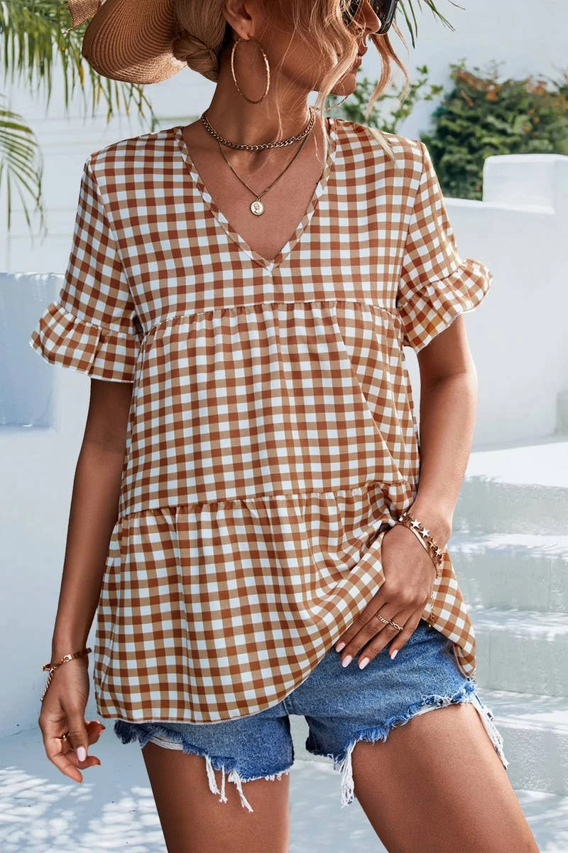 Soft Knit CHECKERED V NECK SHORT SLEEVED SHIRT_CWTSTS0201