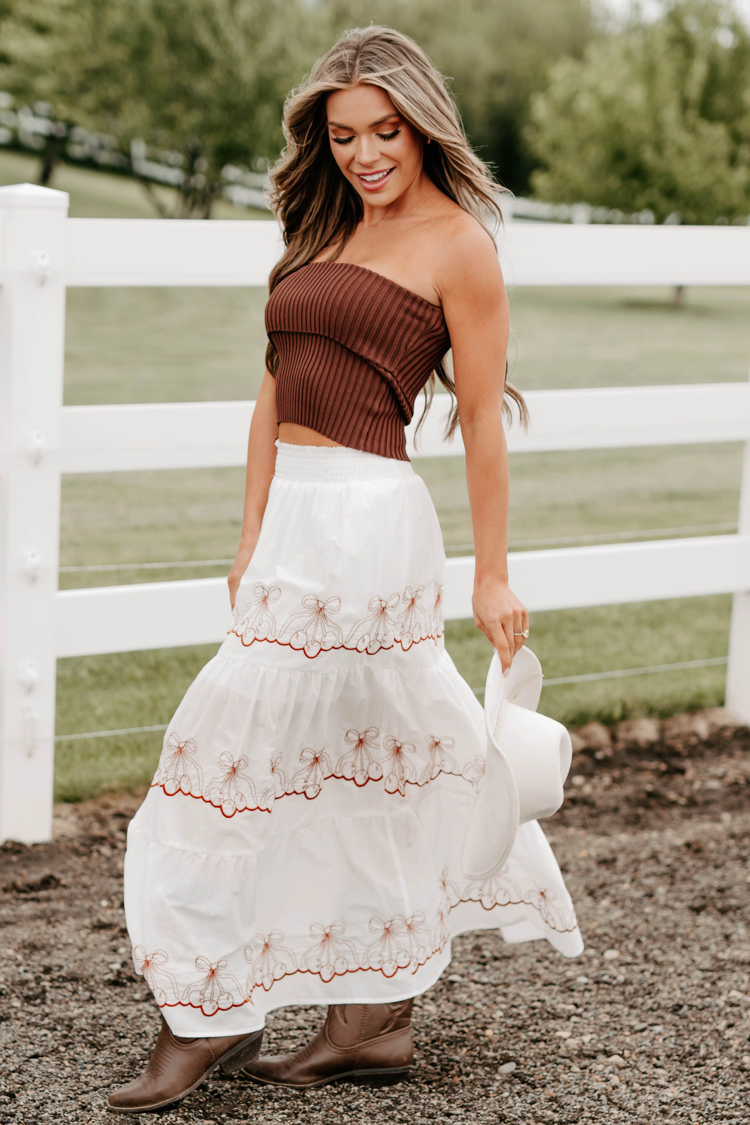 Cherry Blossom Breeze Tiered Maxi Skirt (White) Structured fabric Frayed hem