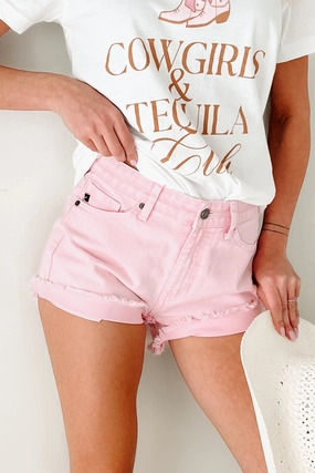 Cheyenne High Rise Frayed Kancan Denim Shorts (Pink) MultiPocket Design Snag Free Fabric Technology