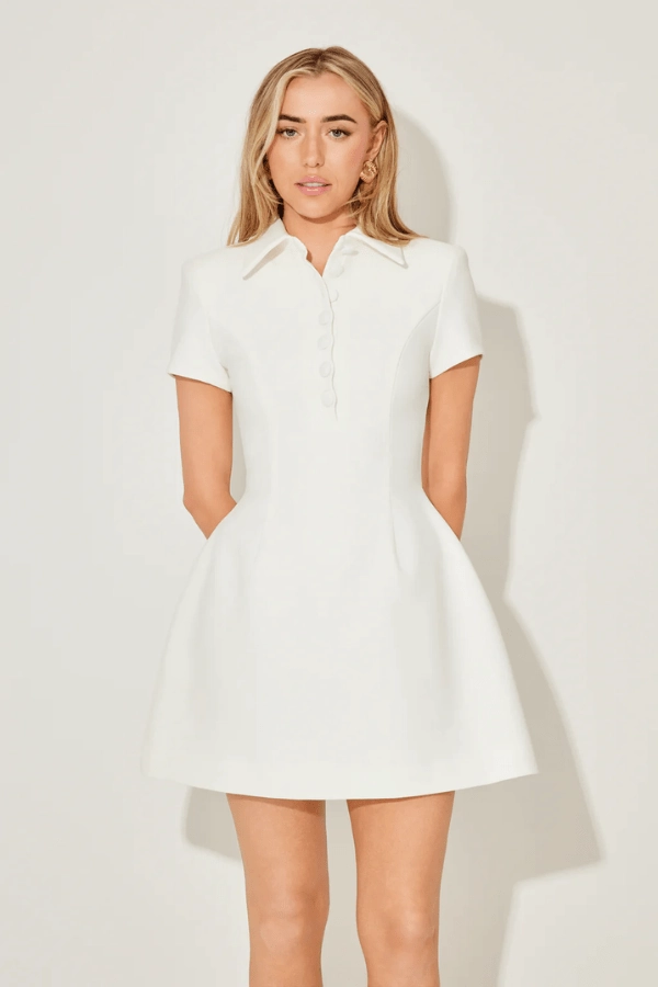 Form Flow The Ultimate Muse Collared Mini Dress With Volume Skirt White