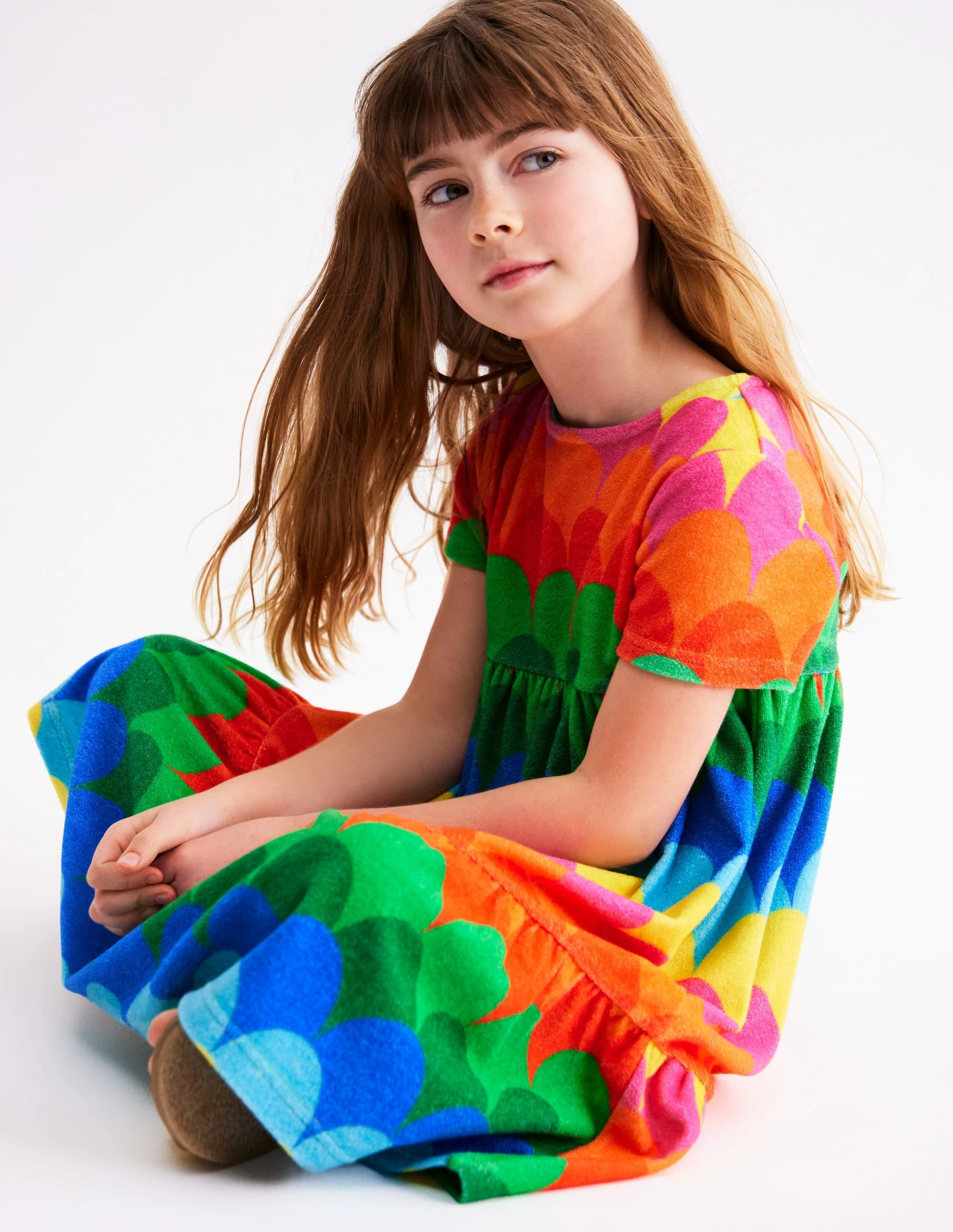 Ariel Twirly Towelling Dress-Multi Scallop Stripe Bow Glow Mood Booster