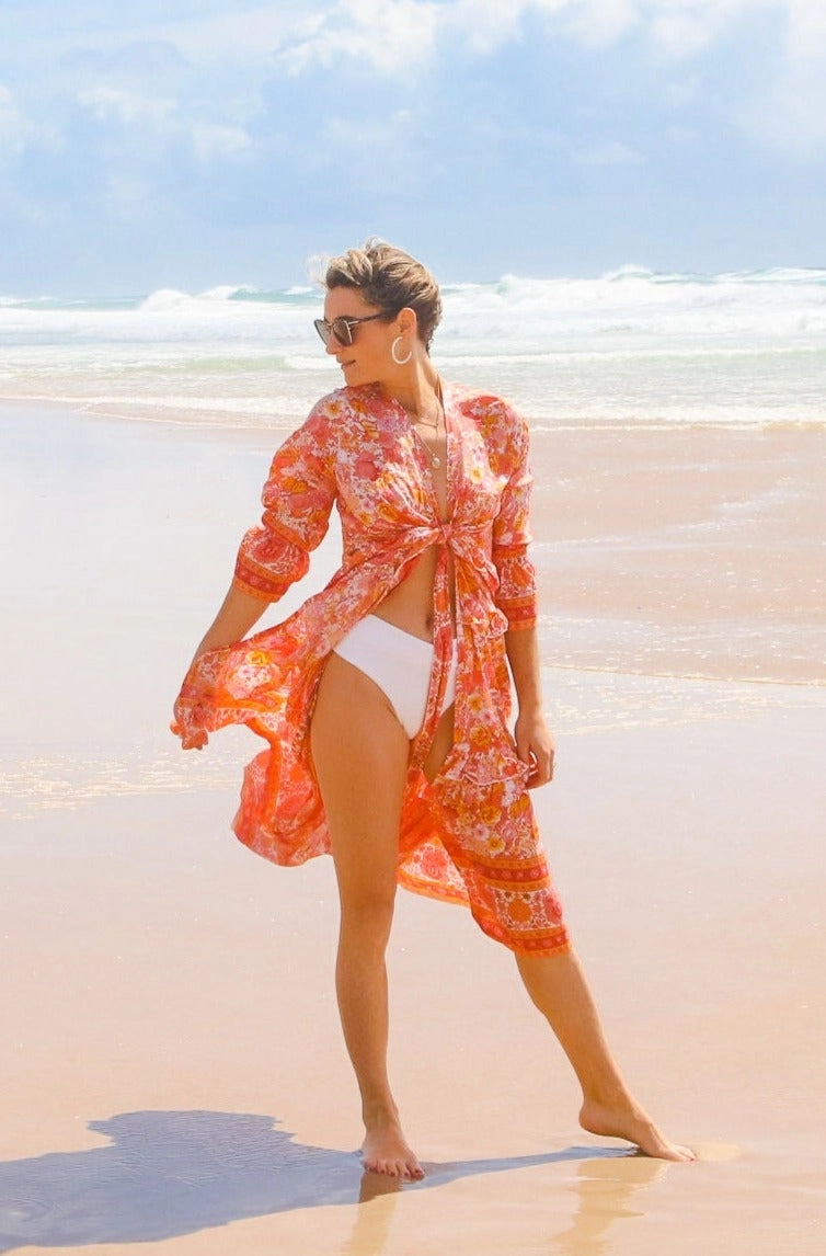 Recycled-Material Vibrant patterned dress Everleigh Dress Long / Tangerine Floral